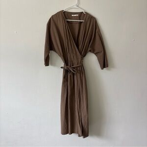 Brown Wrap Midi Dress with Waist Tie